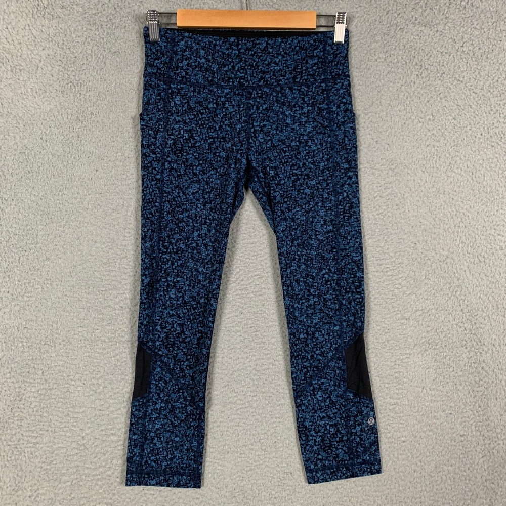 Lululemon Run Speed Track Crop Women 4 Blue Floral Pixel Mesh Pocket Leggings